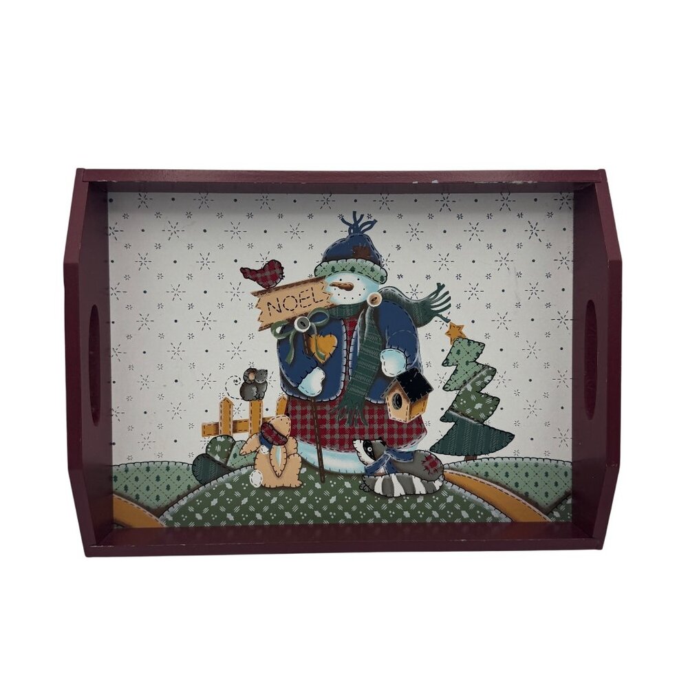 Wooden Serving Tray With Rustic Country Noel Snowman Scene